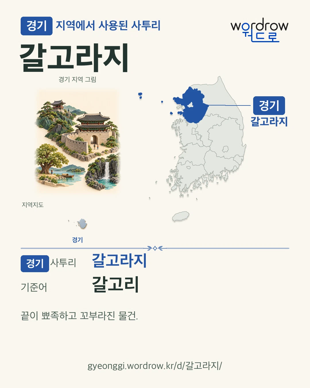 경기 지역에서 사용된 사투리 ‘갈고라지’. 기준어: 갈고리. 기록 지역을 표시한 지역 그림과 지도 카드.