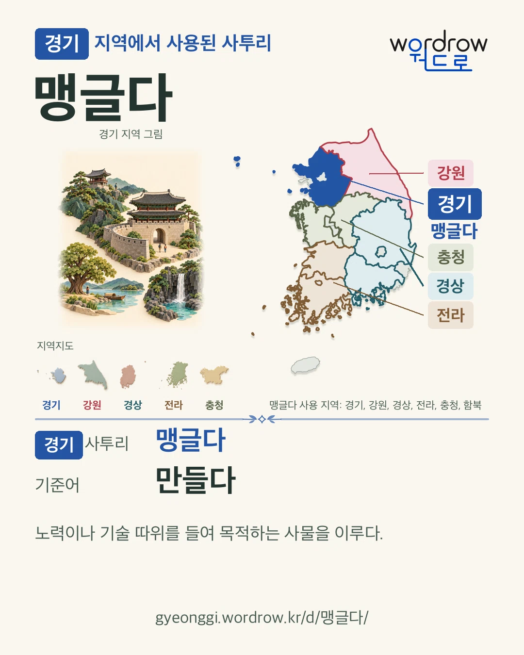 경기 지역에서 사용된 사투리 ‘맹글다’. 기준어: 만들다. 기록 지역을 표시한 지역 그림과 지도 카드.