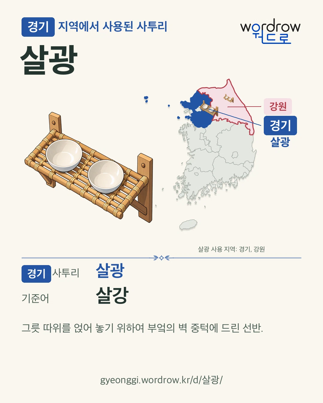 경기 지역에서 사용된 사투리 ‘살광’. 기준어: 살강. 기록 지역을 표시한 카툰 삽화와 지도 카드.