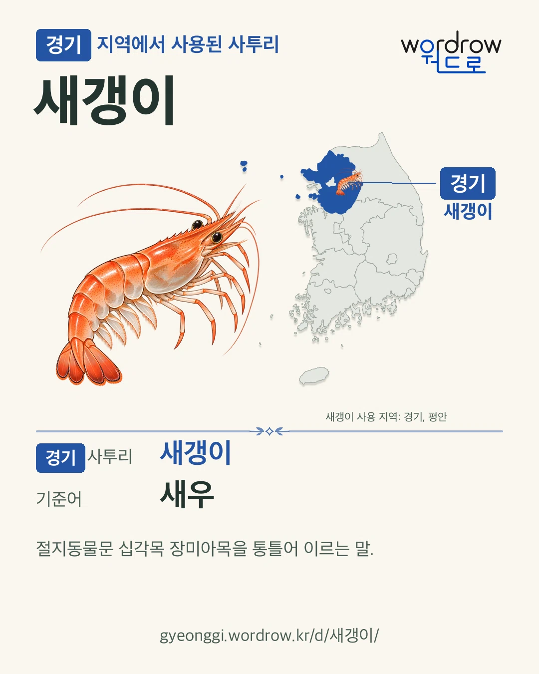 경기 지역에서 사용된 사투리 ‘새갱이’. 기준어: 새우. 기록 지역을 표시한 카툰 삽화와 지도 카드.