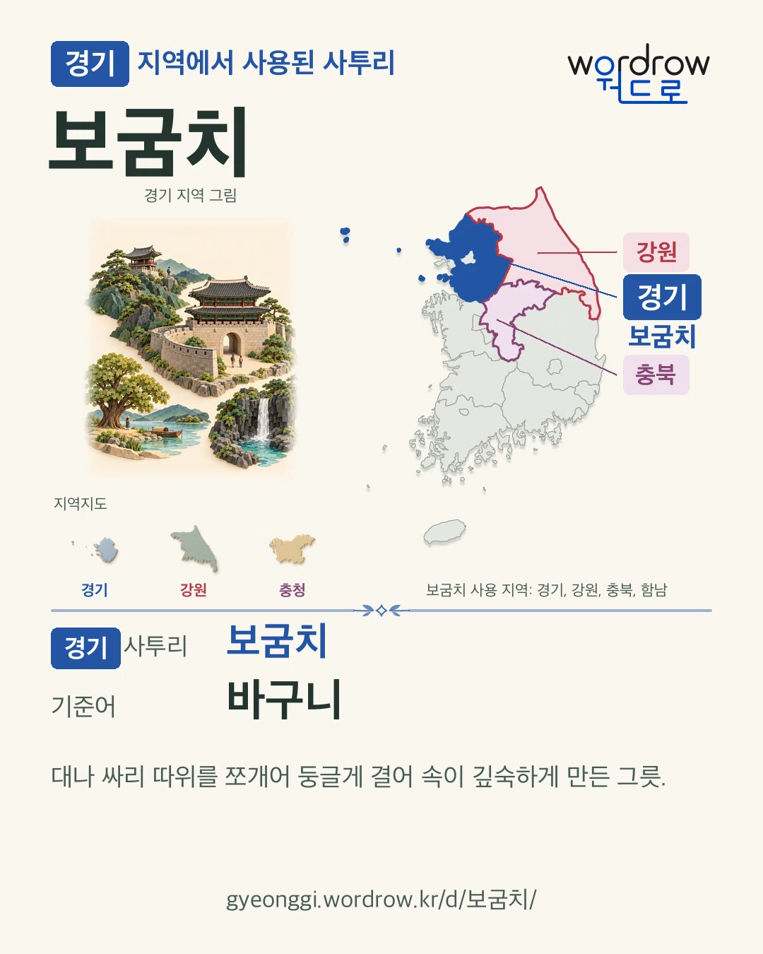 경기 지역에서 사용된 사투리 ‘보굼치’. 기준어: 바구니. 기록 지역을 표시한 지역 그림과 지도 카드.