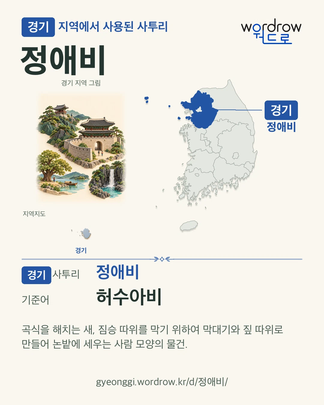 경기 지역에서 사용된 사투리 ‘정애비’. 기준어: 허수아비. 기록 지역을 표시한 지역 그림과 지도 카드.