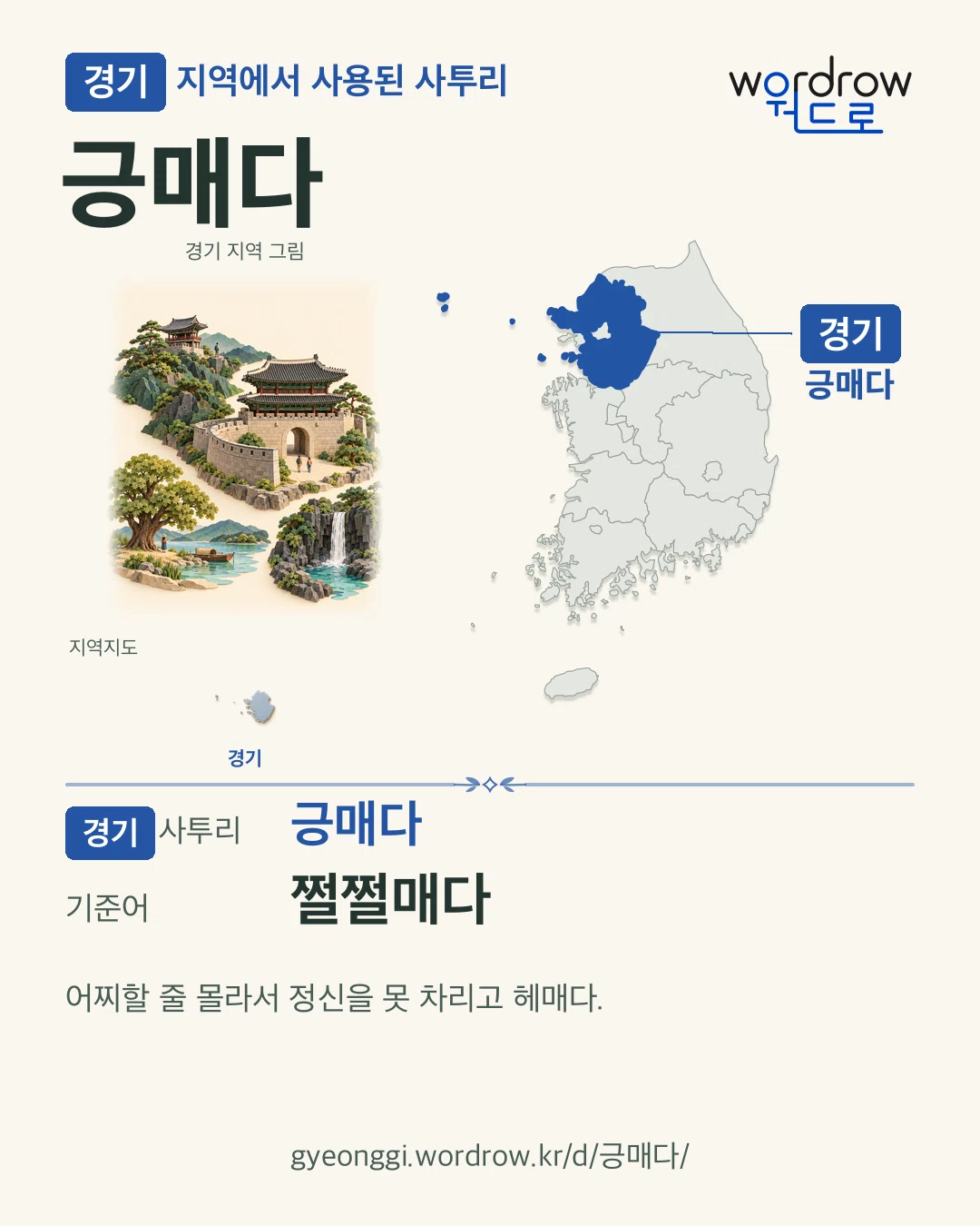 경기 지역에서 사용된 사투리 ‘긍매다’. 기준어: 쩔쩔매다. 기록 지역을 표시한 지역 그림과 지도 카드.