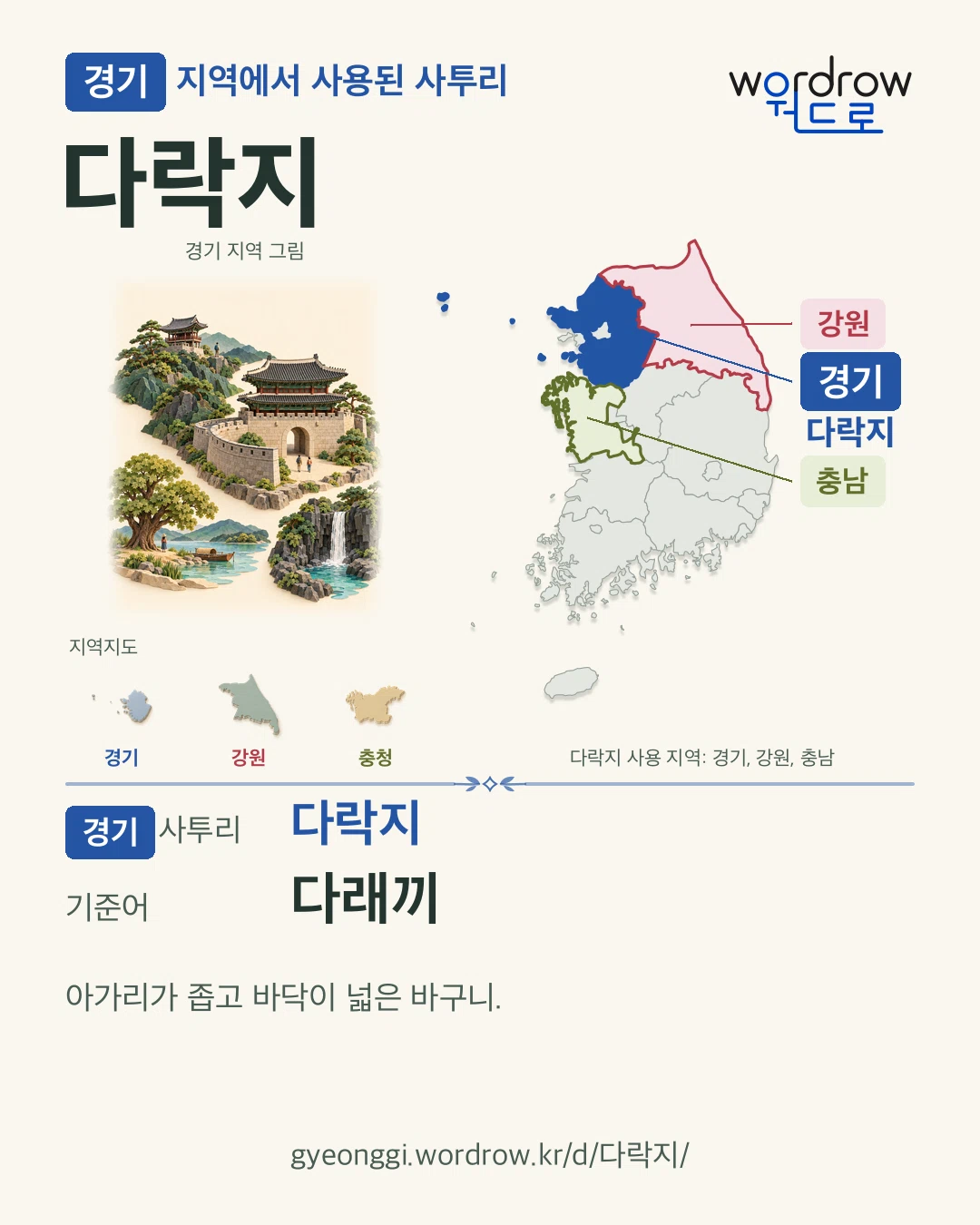 경기 지역에서 사용된 사투리 ‘다락지’. 기준어: 다래끼. 기록 지역을 표시한 지역 그림과 지도 카드.