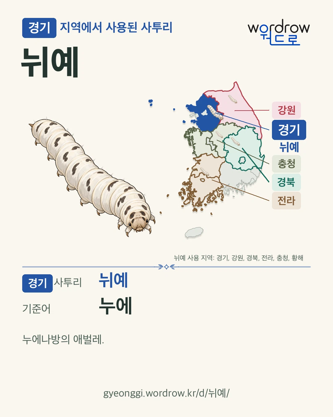 경기 지역에서 사용된 사투리 ‘뉘예’. 기준어: 누에. 기록 지역을 표시한 카툰 삽화와 지도 카드.