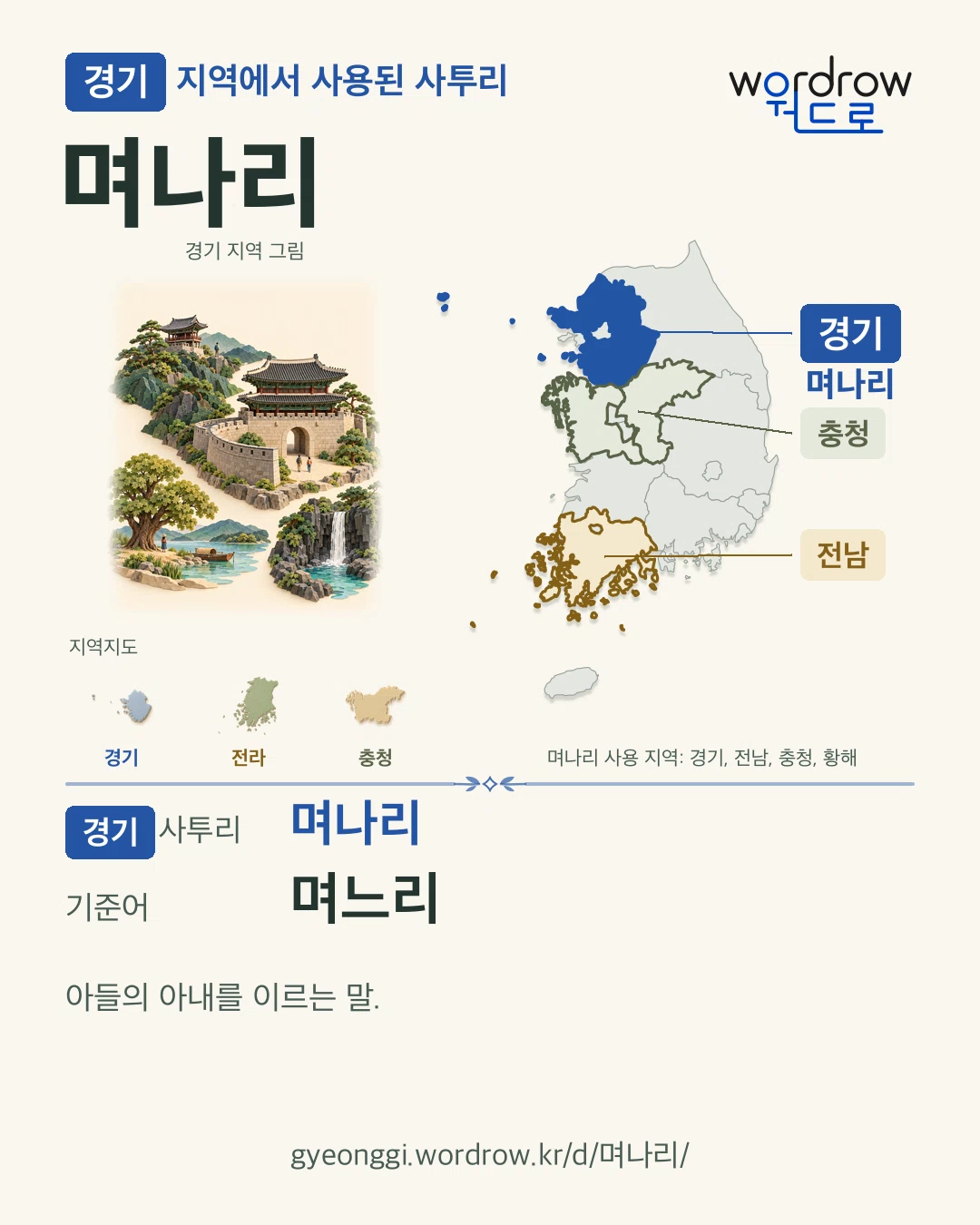 경기 지역에서 사용된 사투리 ‘며나리’. 기준어: 며느리. 기록 지역을 표시한 지역 그림과 지도 카드.