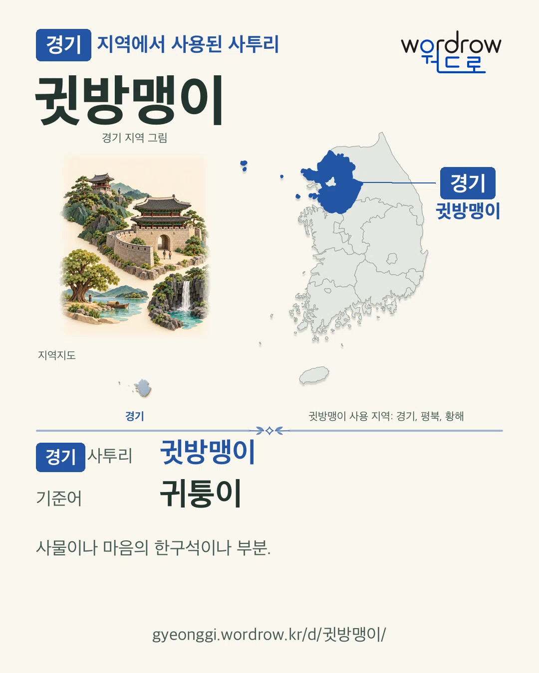 경기 지역에서 사용된 사투리 ‘귓방맹이’. 기준어: 귀퉁이. 기록 지역을 표시한 지역 그림과 지도 카드.