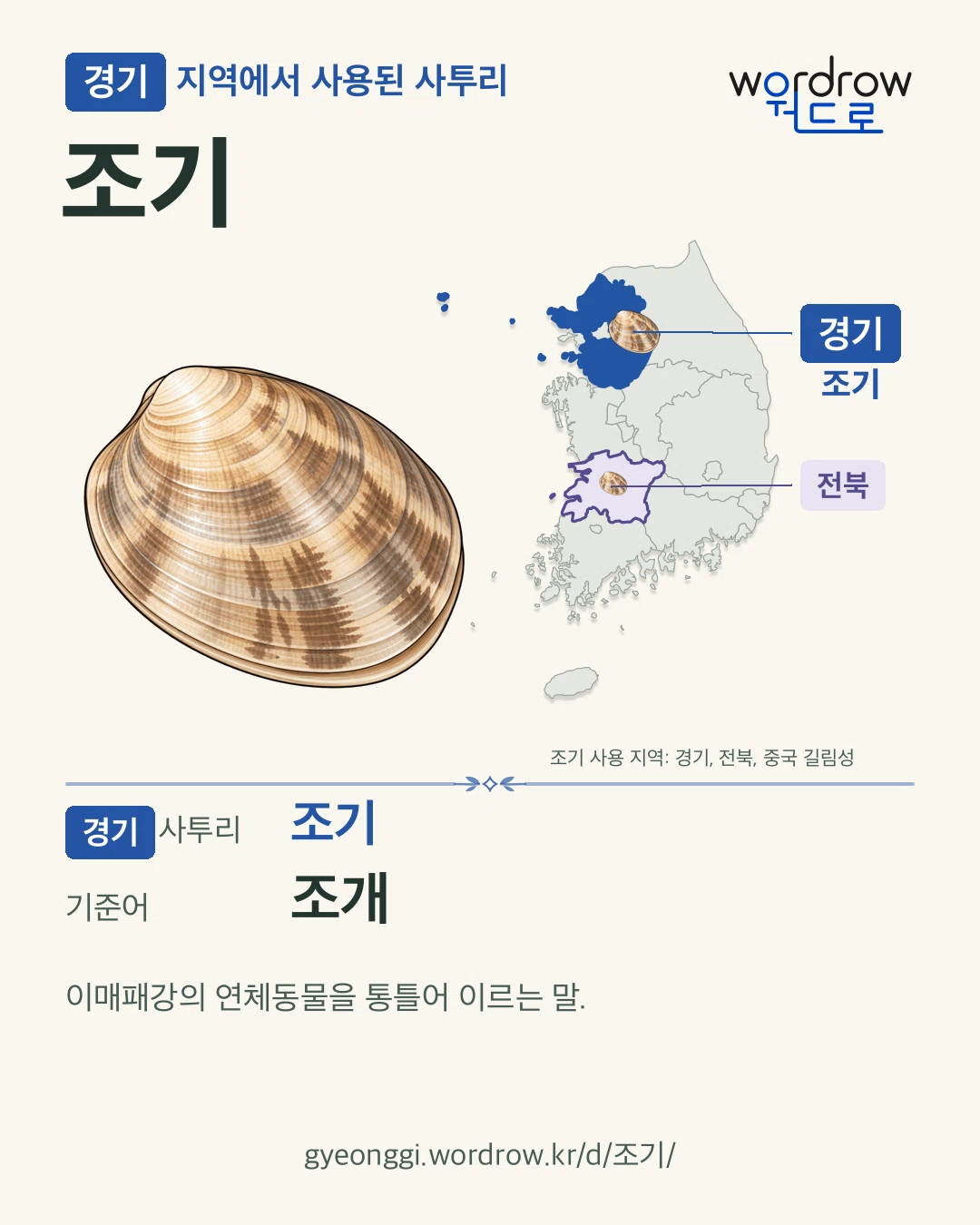 경기 지역에서 사용된 사투리 ‘조기’. 기준어: 조개. 기록 지역을 표시한 카툰 삽화와 지도 카드.