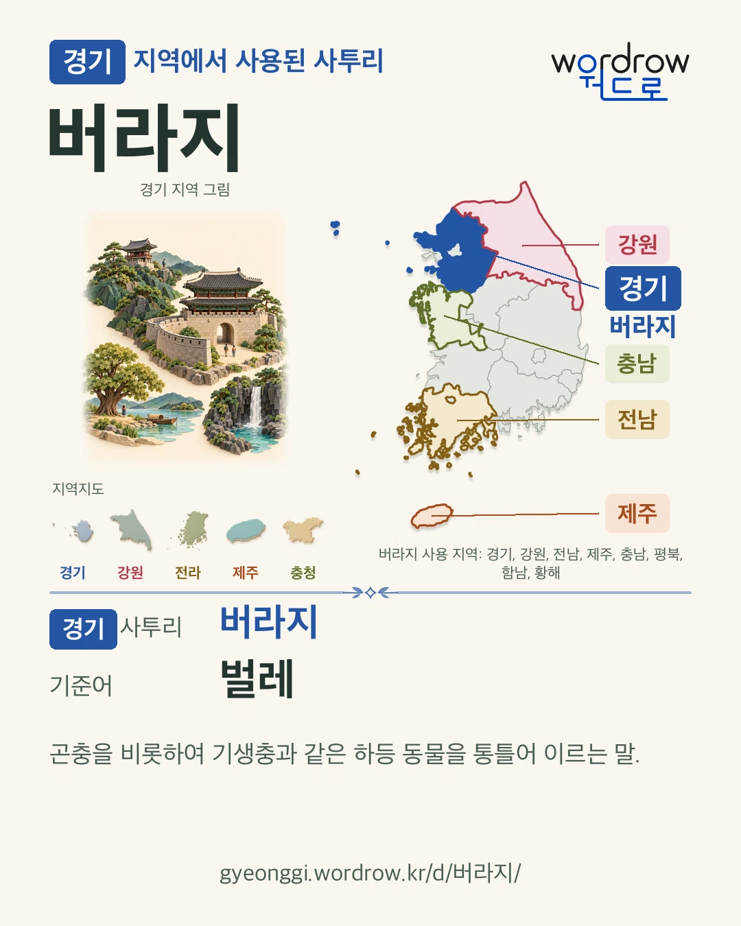 경기 지역에서 사용된 사투리 ‘버라지’. 기준어: 벌레. 기록 지역을 표시한 지역 그림과 지도 카드.