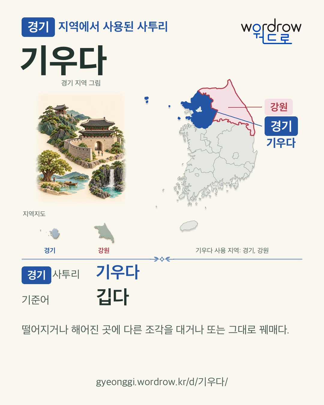경기 지역에서 사용된 사투리 ‘기우다’. 기준어: 깁다. 기록 지역을 표시한 지역 그림과 지도 카드.
