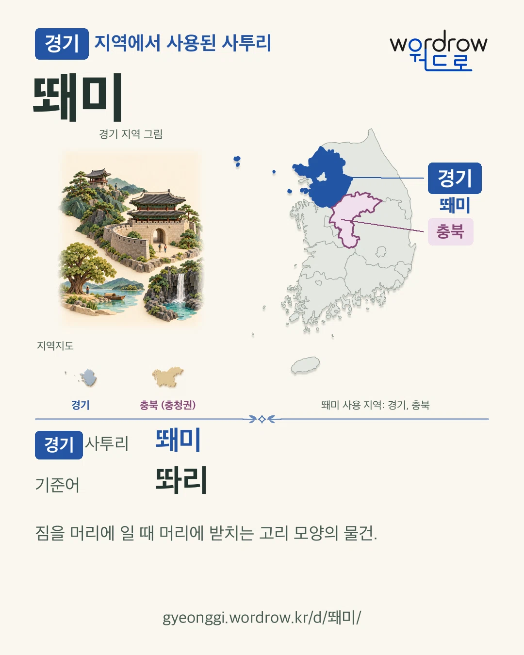 경기 지역에서 사용된 사투리 ‘뙈미’. 기준어: 똬리. 기록 지역을 표시한 지역 그림과 지도 카드.